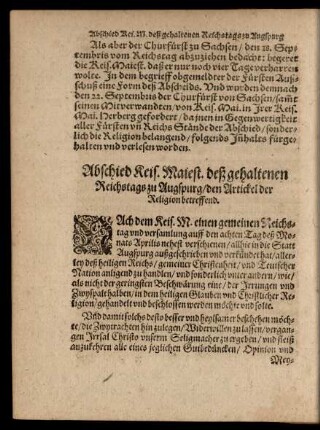 Abschied Kais. Maiest. deß gehaltenen Reichstags zu Augspurg/ den Artickel der Religion betreffend.