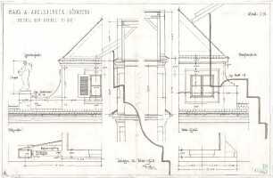 Fischer, Theodor; Nürnberg; Haus Adelsberger - Giebel der Gartenseite u. Straßenseite (Grundrisse, Ansichten, Schnitte)
