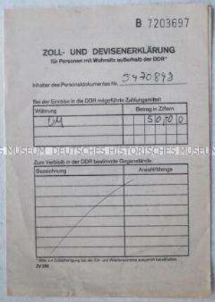 Zollerklärung der DDR für ausländische Staatsbürger