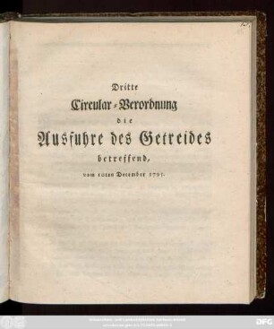 Dritte Circular-Verordnung die Ausfuhre des Getreides betreffend, vom 10ten December 1795