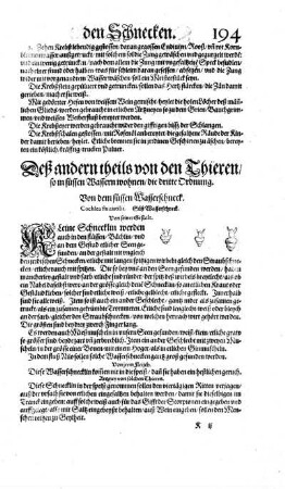Deß andern theils von den Thieren so in süssen Wassern wohnen/ die dritte Ordnung. Von dem süssen Wasserschneck