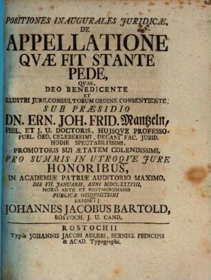 Positiones inaug. iur. de appellatione quae fit stante pede