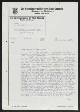 Brief von A. Harnapp an Gerhart Hauptmann