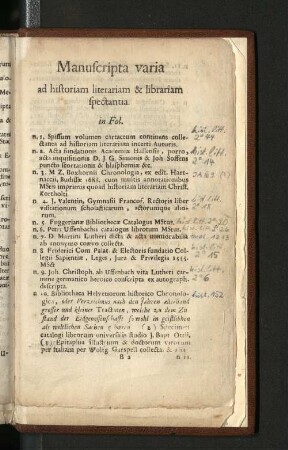 Manuscripta varia ad historiam literariam & librariam spectantia in Fol.