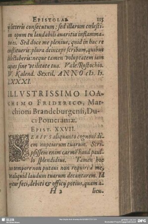 Illustrissimo Joachimo Friderico, Marchioni Brandeburgensi, Duci Pomeraniae. Epist. XXVII.