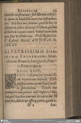 Illustrissimo Joachimo Friderico, Marchioni Brandeburgensi, Duci Pomeraniae. Epist. XXVII.