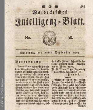No. 38, Dienstag, den 22ten September 1807