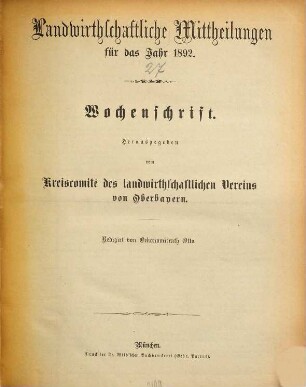 Landwirthschaftliche Mittheilungen : für das Jahr ... ; Wochenschrift. 27. 1892