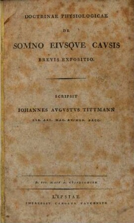 Doctrinae physiologicae de somno eiusque causis brevis expositio