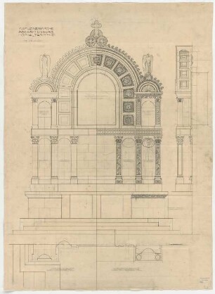 Thiersch, Friedrich von; Aschaffenburg; Kapuzinerkirche, Erweiterung - Hochaltar (Ansicht, Schnitte)