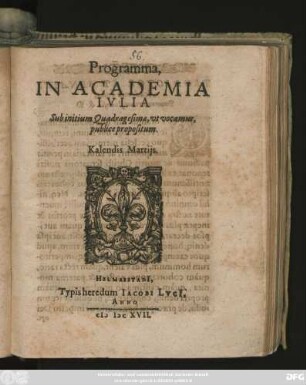 Programma In Academia Iulia Sub initium Quadragesimae, ut vocamus, publice propositum. Kalendis Martiis