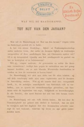 Wat wil de maatschappij: tot nut van den Javaan?