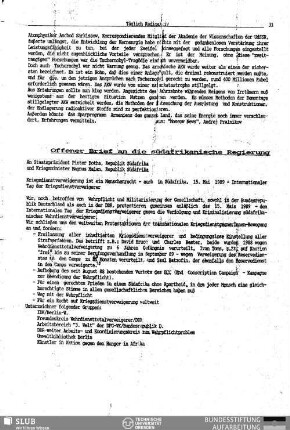 Offener Brief an die südafrikanische Regierung