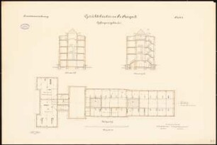 Gerichtsbauten, Preußisch Stargard Gefängnisgebäude: Grundriss DG, Querschnitte, 1:100