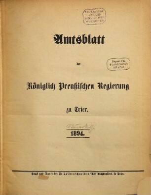 Amtsblatt der Bezirksregierung zu Trier. 1894
