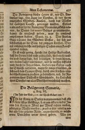 431-449, Die Belägerung Samaria. Wunderliche Prophezeyung Elisi, erfüllet. Jezabel von Hunden gefressen. Ein Toder auferweckt. Zacharias gesteinigt.