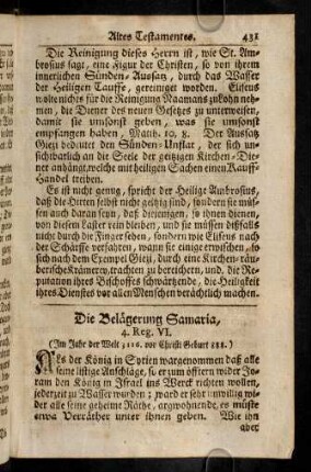 431-449, Die Belägerung Samaria. Wunderliche Prophezeyung Elisi, erfüllet. Jezabel von Hunden gefressen. Ein Toder auferweckt. Zacharias gesteinigt.