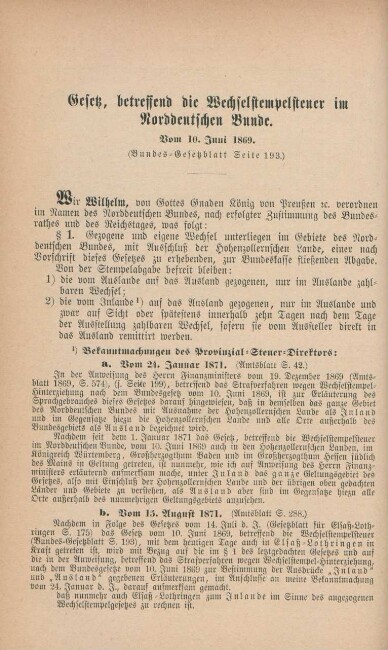 Gesetz, betreffend die Wechselstempelsteuer im Norddeutschen Bunde. Vom 10. Juni 1869