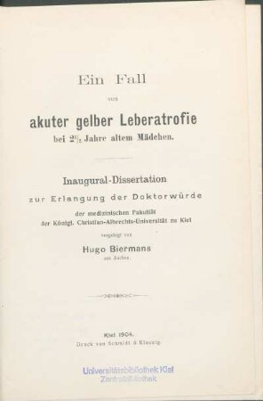 Ein Fall von akuter gelber Leberatrofie bei 2 1/2 Jahre altem Mädchen