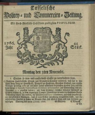 44. Stueck, Montag den 3ten Novembr. 1766