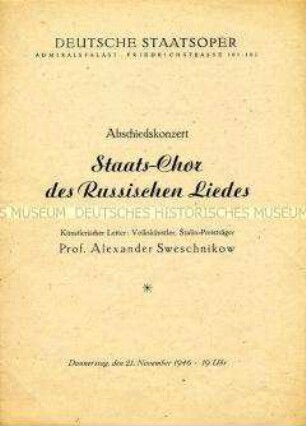 Programmblatt zum Abschiedskonzert des Staats-Chores des Russischen Liedes