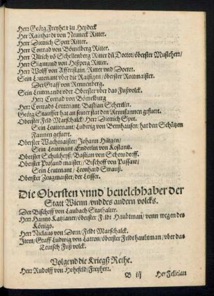 Die Obersten unnd bevelchhaber der Statt Wienn/ unnd des andern volcks.