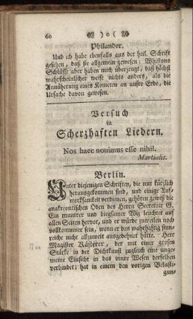 Versuch in Scherzhaften Liedern - Nachricht von einigen neuen Schriften