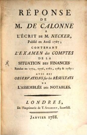 Résponse de M. de Calonne à l'Écrit de Mr. Necker