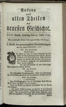 XXXI. Nachl. Coburg, den 31. Julii, 1756.