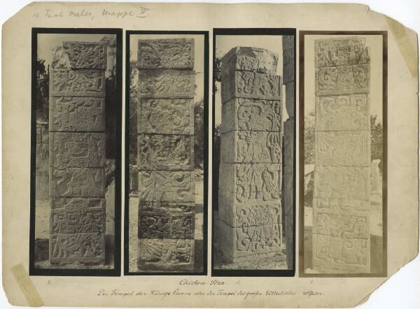 "The fourth pillar from the Templo de las Mesas (after Holmes). The four side views of the pillar."