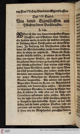 Das VII. Capitel: Von denen Eigenschafften und Pflichten derer Buchdrucker