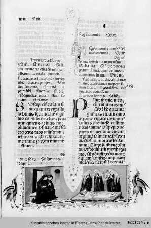 Breviarium Fratrum Minorum cum psalterio et kalendario : Zweispaltige Textseite mit ornamentalen Initialen S und P sowie Miniatur: Totenklage