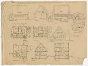 Wohnhaus mit Zahnarztpraxis für Herrn Friedrich Kraatz, Kolberg: Ansichten, Grundrisse, EG, DG, KG, Längsschnitt alle in M 1:100 Lageplan M 1:500