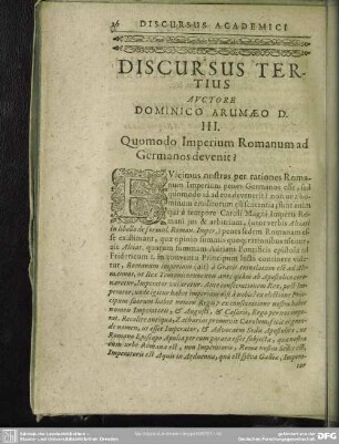 Discursus Tertius Autore Dominico Arumaeo D. III. Quomodo Imperium Romanum ad Germanos devenit?