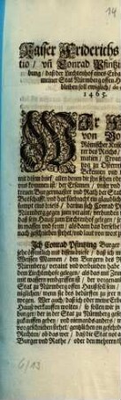 Kaiser Friderichs confirmatio, vn[d] Conrad Pfintzings verschreibung, daß der Liechtenhof eines Erbarn Raths vnd gemeiner Stat Nürmberg offen Hauß sein vnd bleiben soll : de dato 1465