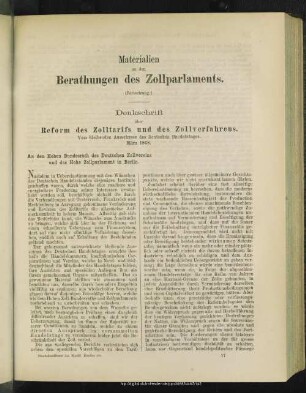 Denkschrift über Reform des Zolltarifs und des Zollverfahrens