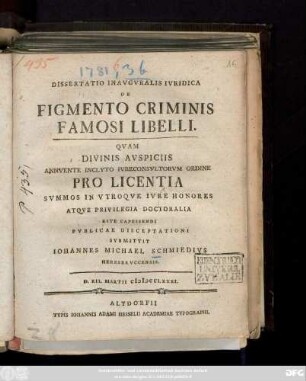 Dissertatio Inavgvralis Ivridica De Figmento Criminis Famosi Libelli