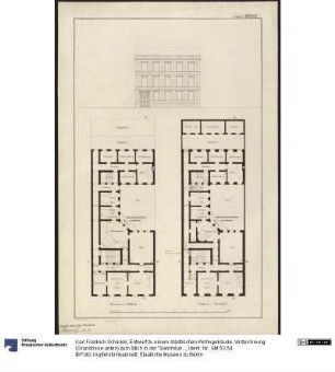 Entwurf zu einem städtischen Wohngebäude. Vorzeichnung (Grundrisse unten) zum Stich in der "Sammlung architektonischer Entwürfe", Heft 10, Tafel 64 (unten), 1826