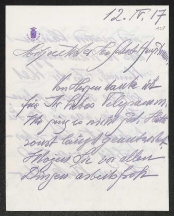 Brief von Fritz von Unruh an Gerhart Hauptmann