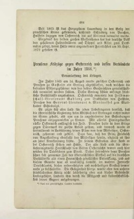 Preußens Feldzüge gegen Oesterreich und dessen Verbündete im Jahre 1866