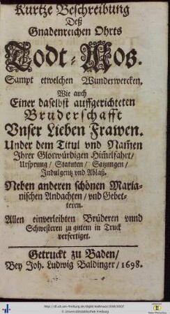 Kurtze Beschreibung deß Gnadenreichen Ohrts Todt-Mos