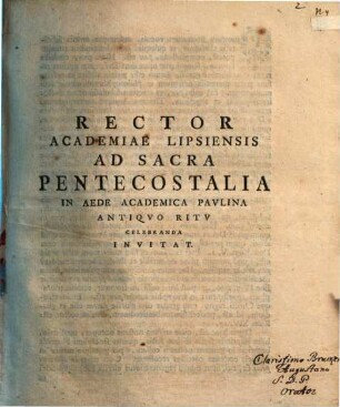 Rector Academiae Lipsiensis ad sacra pentecostalia ... celebranda invitat : [inest dissertatiuncula IV. de augustana religionis pace]