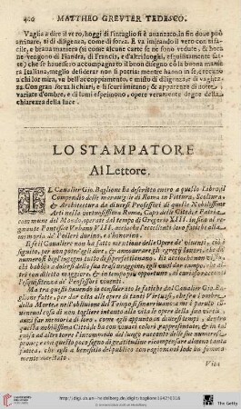 Lo stampatore [Al Lettore – Vita del Caualier Gio. Baglione, Pittore]