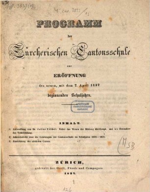 Programm der Zürcherischen Kantonsschule. 1837