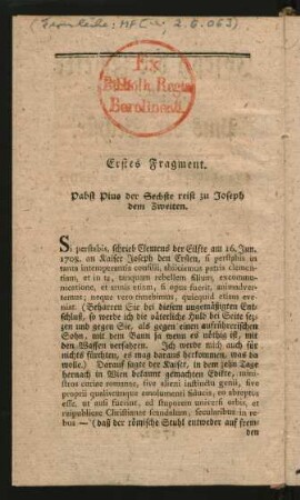 Erstes Fragment. Pabst Pius der Sechste reist zu Joseph dem Zweiten.