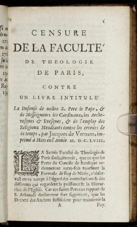 Censure De La Faculté De Theologie De Paris, Contre Un Livre Intitulé