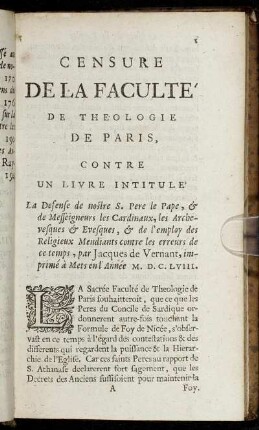 Censure De La Faculté De Theologie De Paris, Contre Un Livre Intitulé