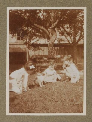 Christiane, Raimund und Franz von Hofmannsthal sitzen mit einer Katze auf einer Wiese