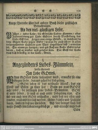 I. Angezündetes Liebes-Flämmlein, herfür scheinend Im Lobe Gottes