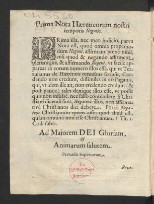 Prima Nota Haereticorum nostri temporis Negatio.